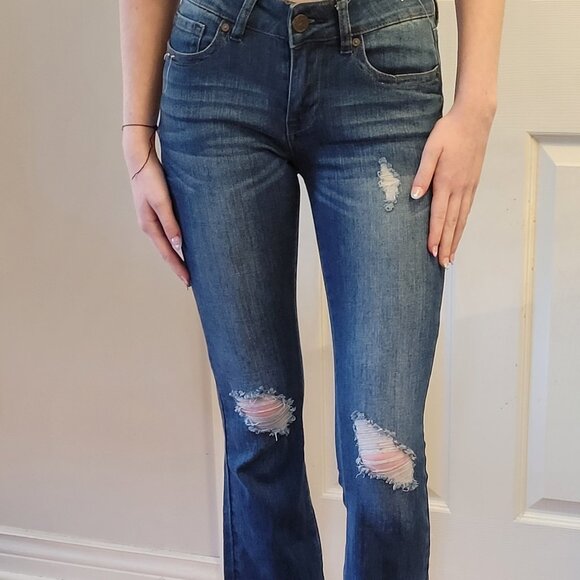 Indigo Rein Distressed Flare Jean EUC - Picture 1 of 5